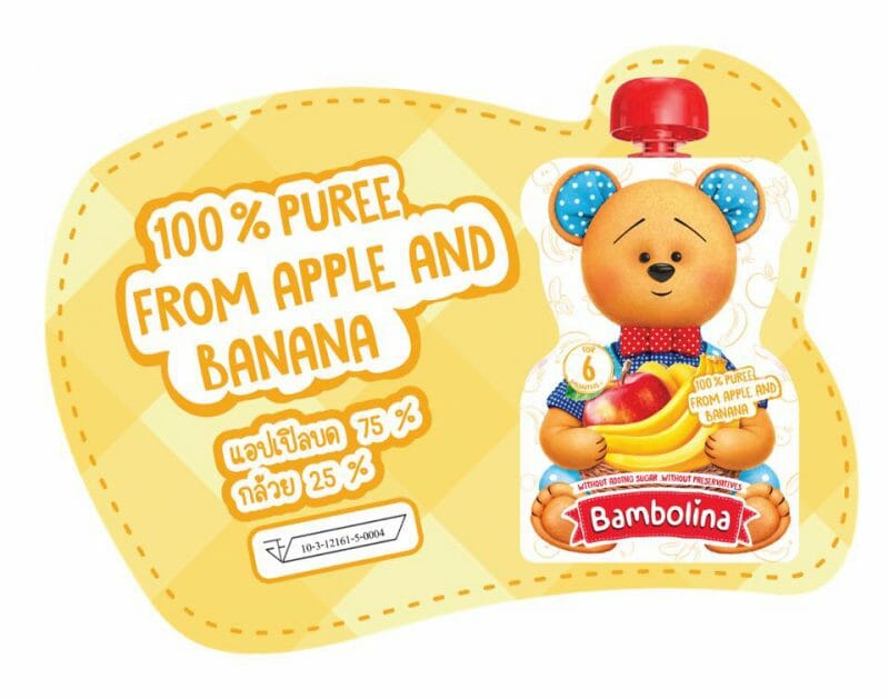 Bambolina  แอปเปิ้ลและกล้วยบด อาหารเสริมเด็ก 6 เดือน (90 กรัม), 6 ชิ้น